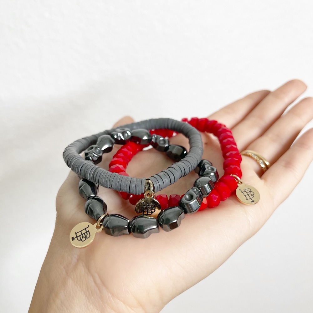 Bourbon & Bowties Stackable Stretch Bracelet Set Red Grey Skulls Gold Tone Charm